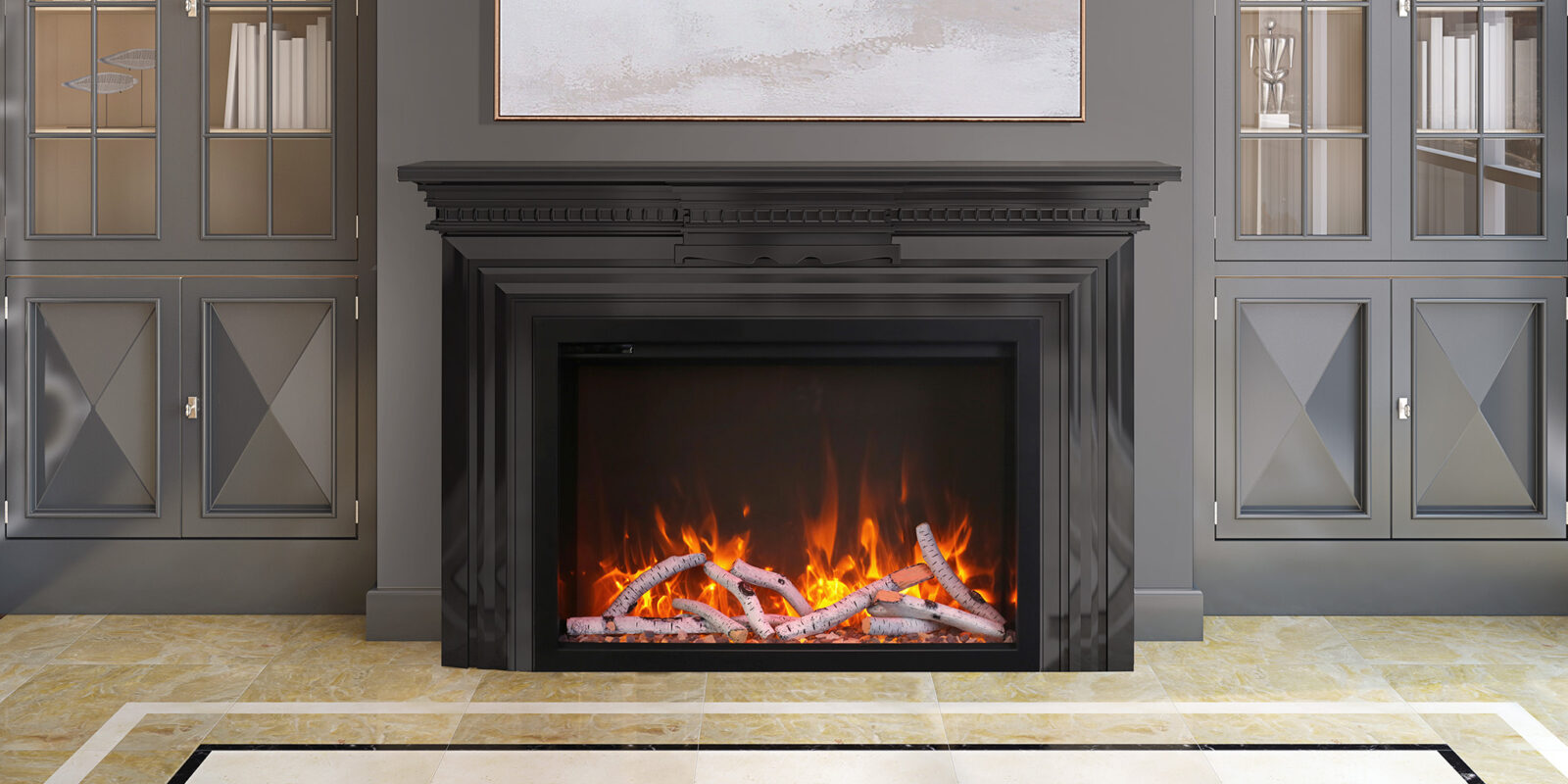 Tranditional Series Ambiance® FP-42 Built-in Electric Fireplace in a dark reflective room.