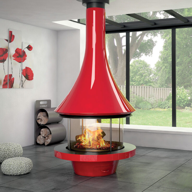 Red JC Bordelet Eva Luxury Suspended Fireplace in a room with red accents.