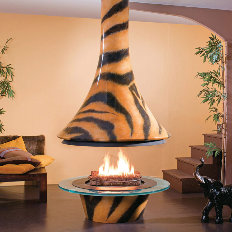 Tiger pattern JC Bordelet Eva Luxury Suspended Fireplace in living room.