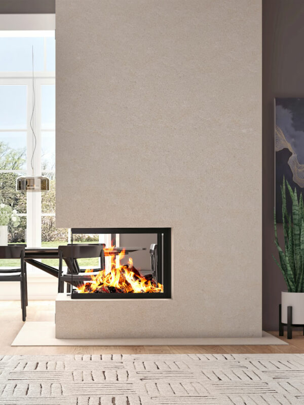 LUXUS® 28 Pier Guillotine Wood Fireplace in a living room.