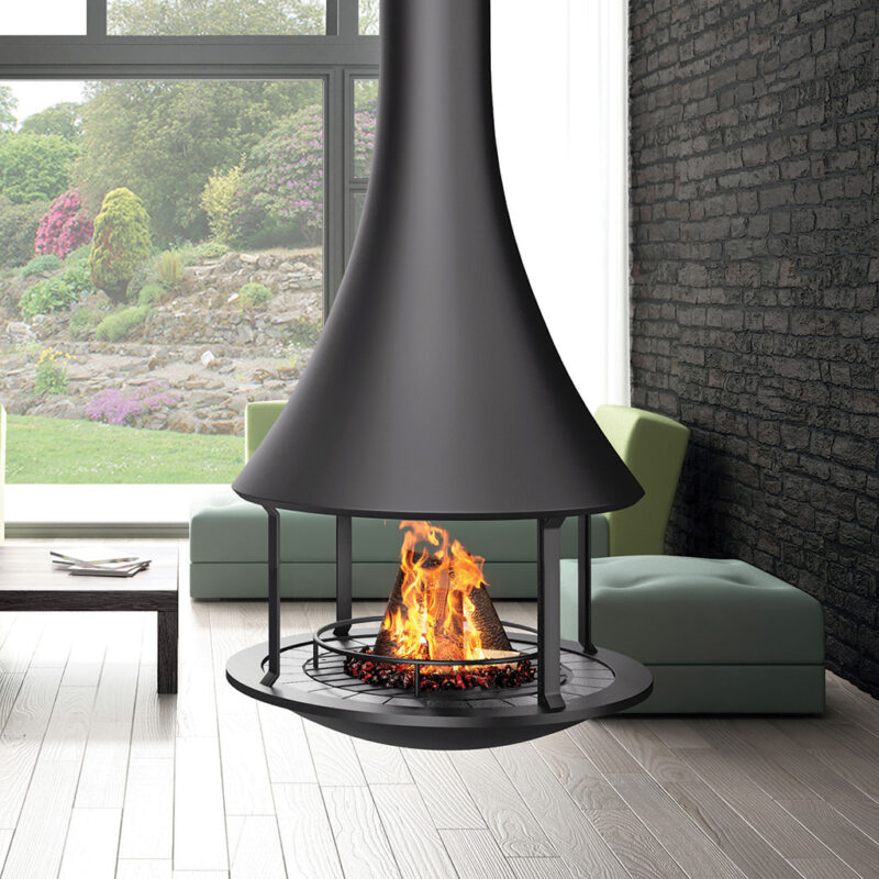 Black JC Bordelet Zelia Luxury Suspended Fireplace in a family room overlooking garden.