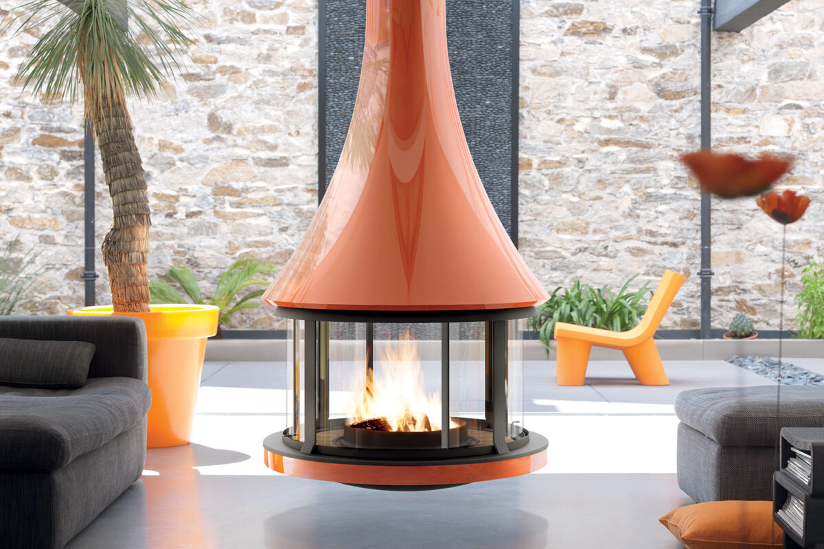 Orange JC Bordelet Zelia Luxury Suspended Fireplace in a room with orange accents.